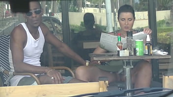 My husband catches me cheating outside a cafe and films my upskirt flashing, then I engage in anal and interracial sex with a black man